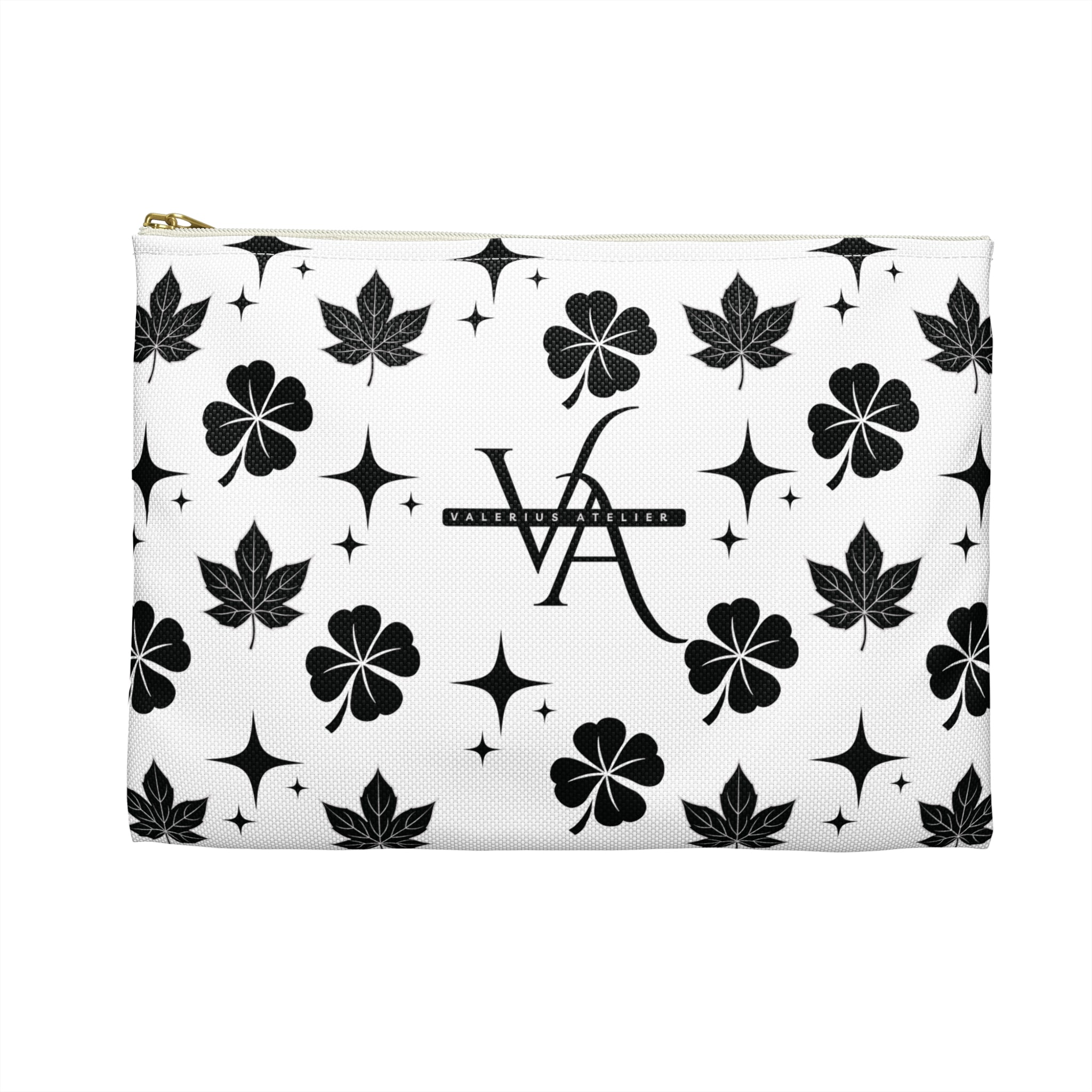 Monogram Floral Accessory Pouch — Black & White Lucky Clover Pattern