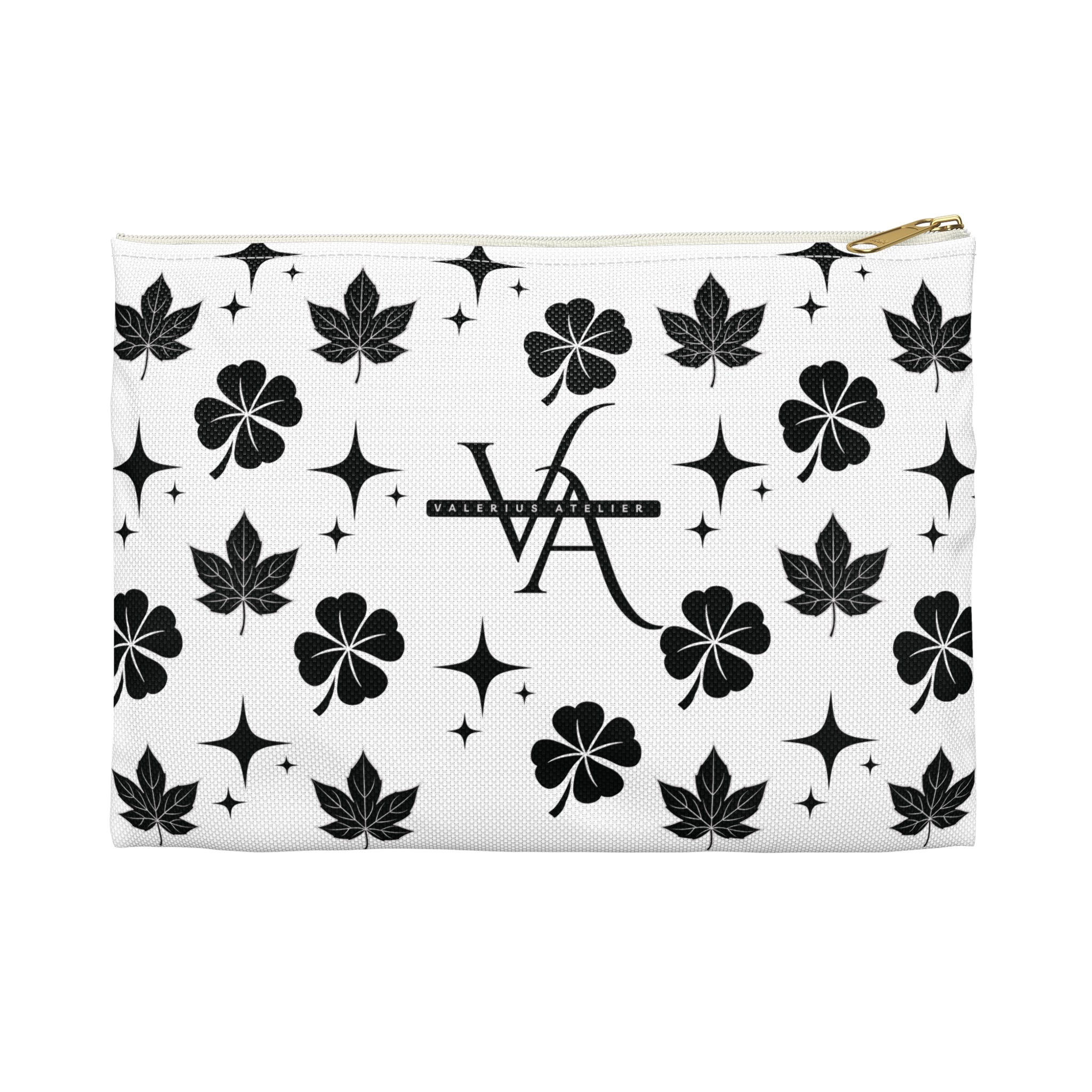 Monogram Floral Accessory Pouch — Black & White Lucky Clover Pattern