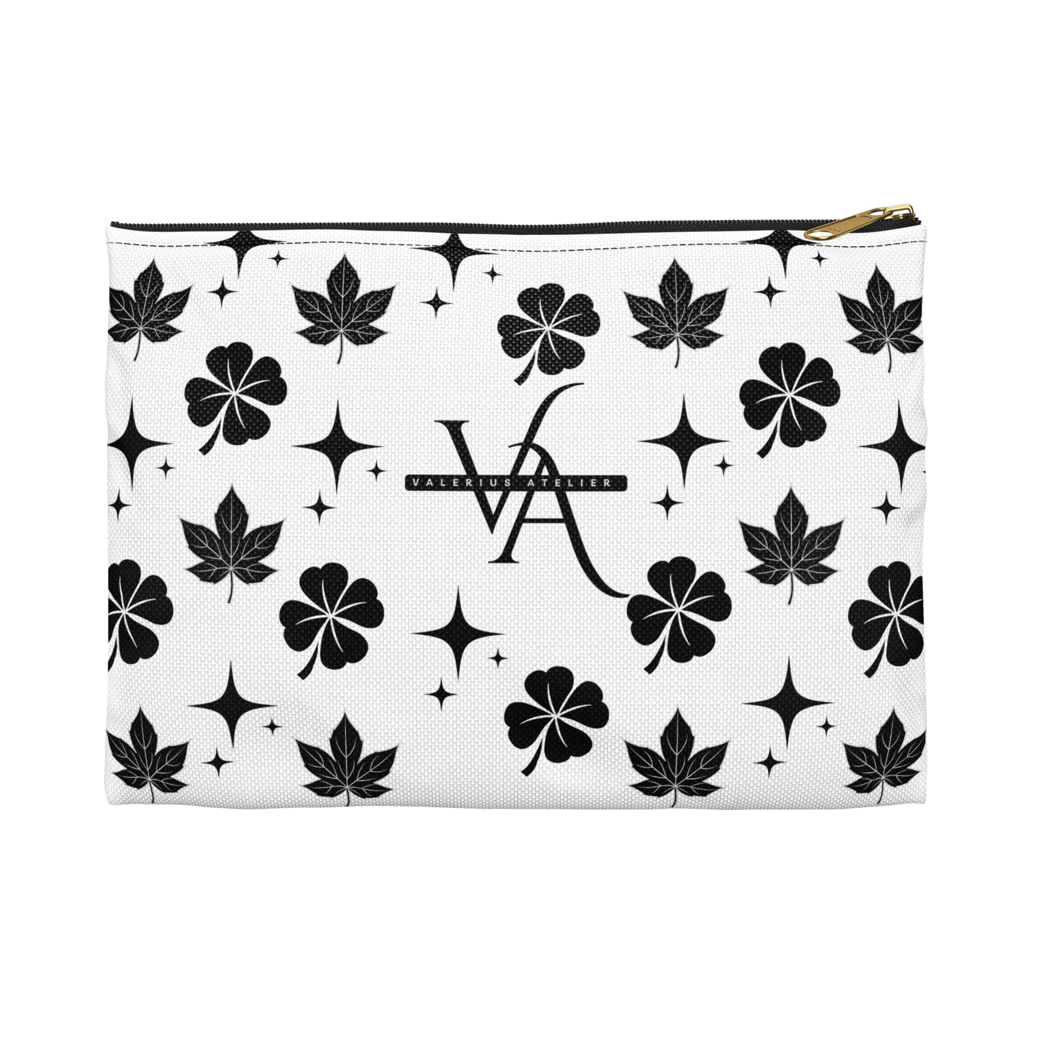 Monogram Floral Accessory Pouch — Black & White Lucky Clover Pattern